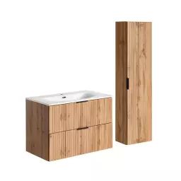 Ensemble meuble simple vasque encastrée 80cm et colonne naturel