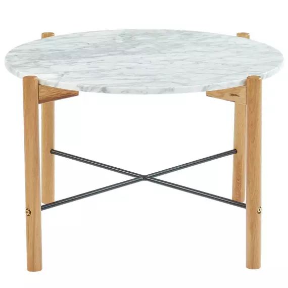 Table basse ronde 60 cm en marbre blanc et pieds en chêne