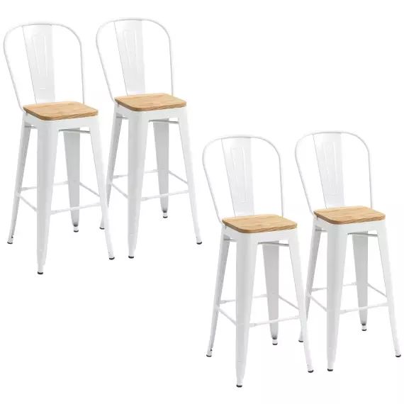 Lot de 4 tabourets de bar industriel acier blanc bois d’orme