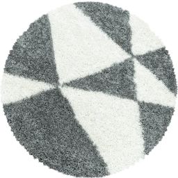 Tapis rond à poils longs géométrique gris et blanc 120x120cm