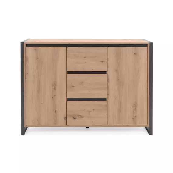 Buffet Industriel 2 portes 3 tiroirs L120 cm – Décor Bois Clair