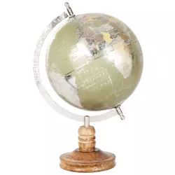 Globe terrestre en bois de manguier et mappemonde argentée et vert kaki