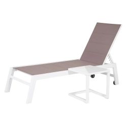 Transat et table d&rsquo;appoint textilène taupe aluminium blanc