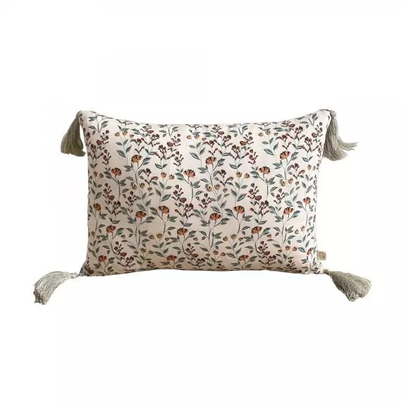 Coussin en lin imprimé fleuri rose 25×35