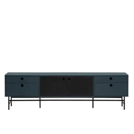 Meuble TV design 180cm en bois et métal perforé bleu foncé