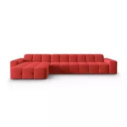 Canapé d’angle gauche 5 places en tissu velours rouge