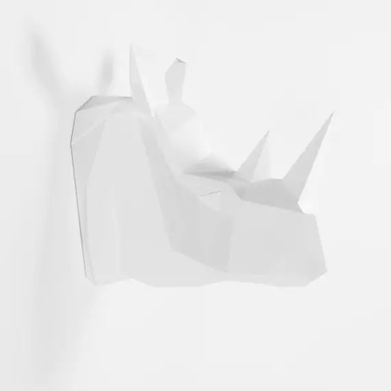Trophée décoratif mural rhinocéros blanc, statuette origami en polyrésine