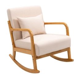 Rocking chair en bois massif et tissu beige scandinave
