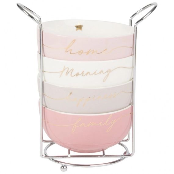 4 bols en faïence avec support en métal