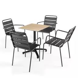 Ensemble table de jardin stratifié chene naturel et 4 fauteuils gris