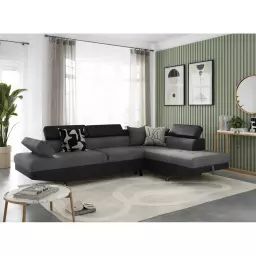 Canapé d’angle RIO Convertible avec coffre en tissu et simili – Angle Droit, Gris et Noir – 271 x 192 x 85 cm – Usinestreet