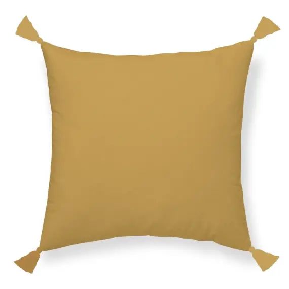 Coussin déhoussable à pompoms en gaze de coton jaune 30×50