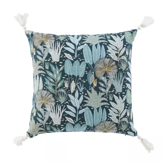 Coussin en coton et lin imprimé bleu canard, bleu vert et bleu gris avec pompons écrus 45×45