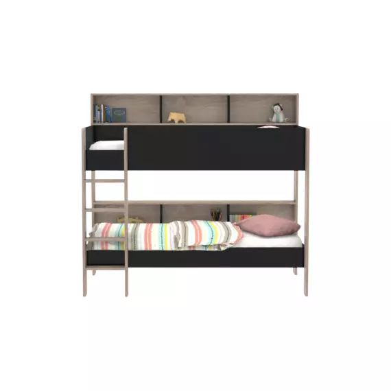 Lit superposé 2x90x190 cm LUCKY coloris noir/ chêne blanchi