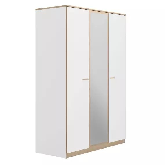 Armoire 3 portes 1 miroir effet bois blanc/bois