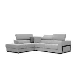 Canapé d’angle gauche 5 places en tissu gris clair avec coussins déco