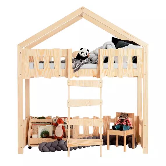 Lit cabane mi-hauteur 90×200 sommier inclus naturel