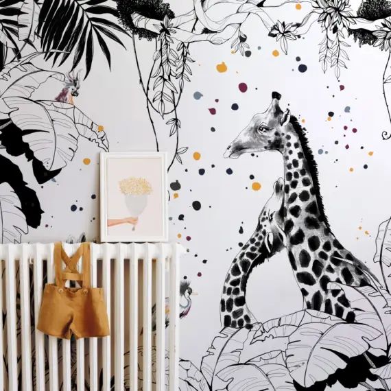Papier peint enfant panoramique enfant scène girafes – 250×255