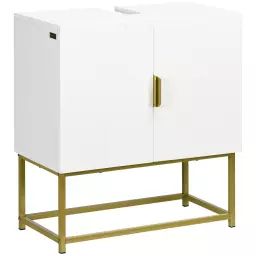 Meuble sous vasque – 2 portes – acier doré MDF blanc