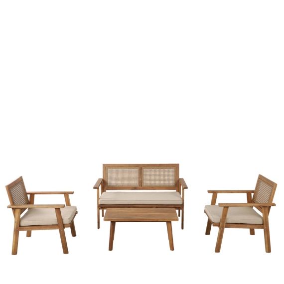 Nora – Salon de jardin 1 canapé, 2 fauteuils et 1 table basse en bois d’acacia et cannage – Couleur – Gris clair