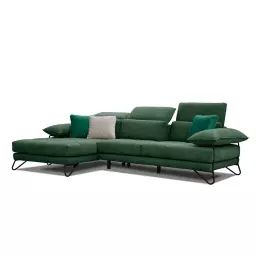 Canapé d’angle gauche 4 places en tissu vert foncé avec coussins déco