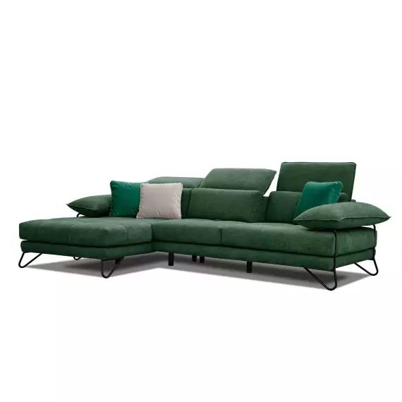 Canapé d’angle gauche 4 places en tissu vert foncé avec coussins déco