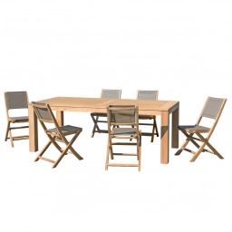 Table de jardin et chaises en teck et textilene taupe 6/8 personnes