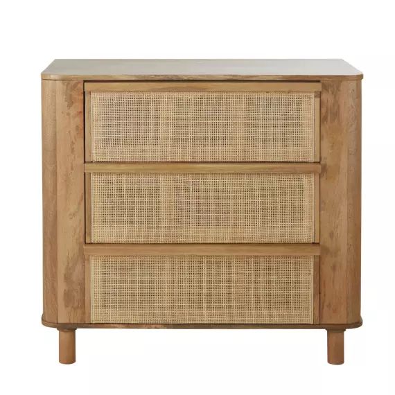 Commode 3 tiroirs en bois de manguier massif et fibre végétale beige