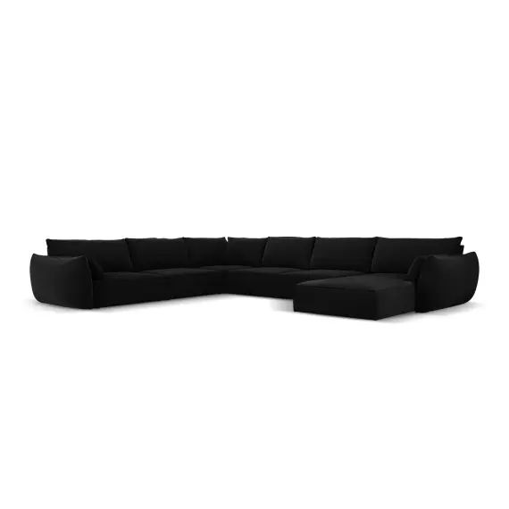 Canapé d’angle gauche panoramique 8 places en tissu velours noir