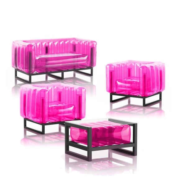 Salon de jardin design 1 canapé, 2 fauteuils et table basse rose