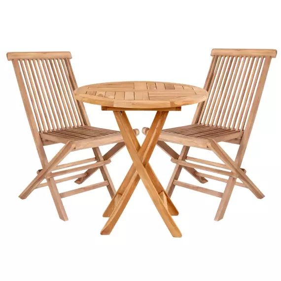 Table de jardin Ø 70 cm + 2 chaises en teck