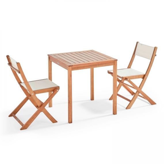 Ensemble table et 2 chaises pliantes en textilène et eucalyptus blanc