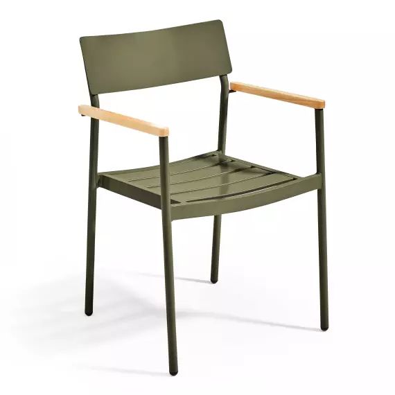 Fauteuil en aluminium et bois avec accoudoirs vert kaki