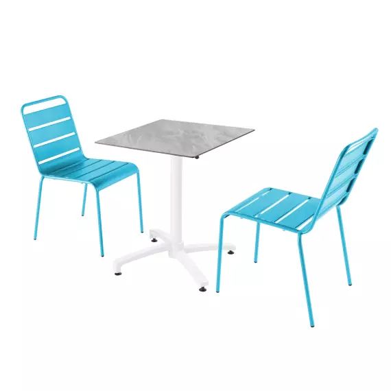 Ensemble table de jardin stratifié marbre et 2 chaises bleu