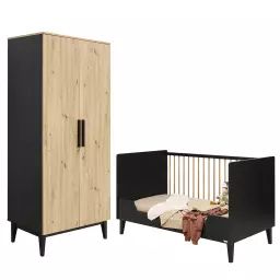Chambre bébé : Duo – Lit évolutif 70×140 armoire 2 portes noir naturel
