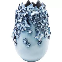 Vase papillons et fleurs en grès bleu H36