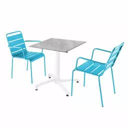 Ensemble table de jardin stratifié marbre et 2 fauteuils bleu