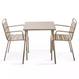 Table carrée et 2 fauteuils en acier taupe