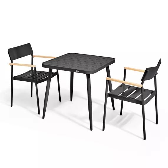 Ensemble table de jardin et 2 fauteuil en aluminium/bois noir