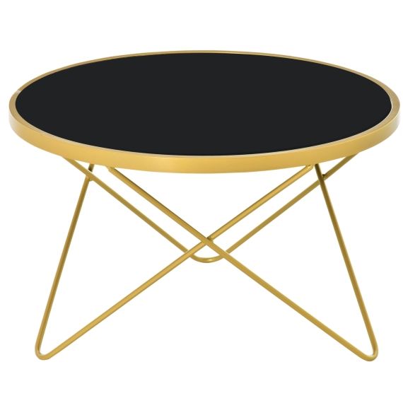 Table basse ronde style art déco plateau verre trempé noir acier doré