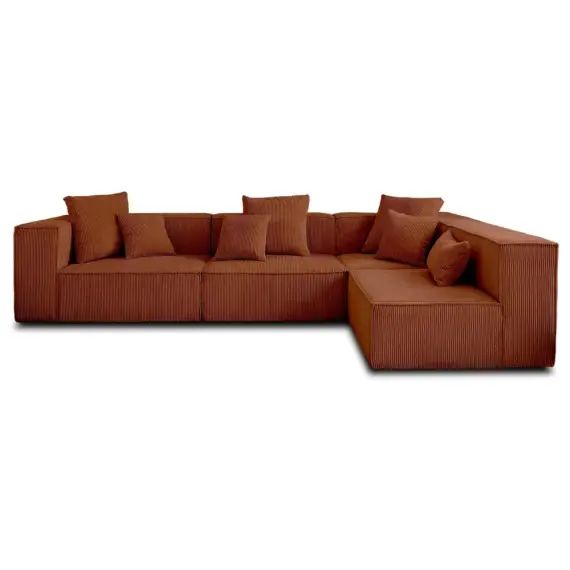 Canapé modulable 5 places angle droit en velours côtelé terracotta
