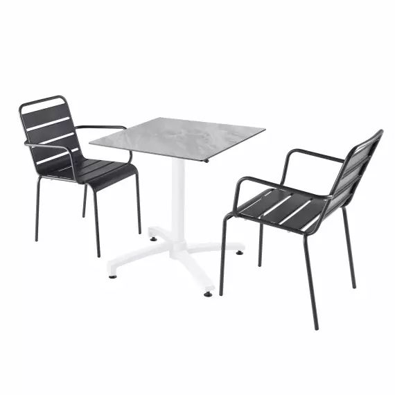 Ensemble table de jardin stratifié marbre et 2 fauteuils gris