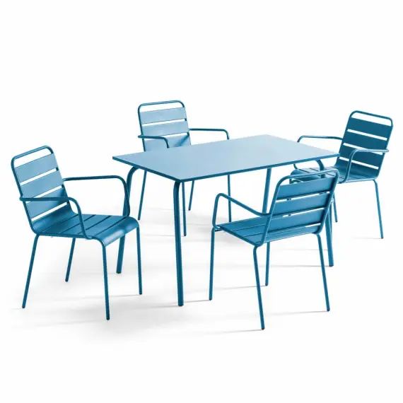 Table de jardin et 4 fauteuils métal bleu pacific