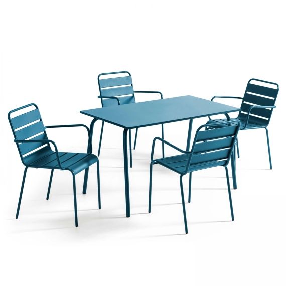 Table de jardin et 4 fauteuils métal bleu pacific