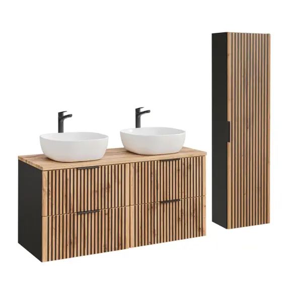 Ensemble meuble double vasque 120cm et colonne naturel