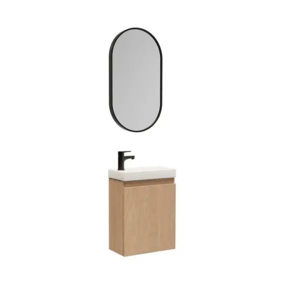 Meuble lave-mains  décor chêne + robinet noir + miroir ovale