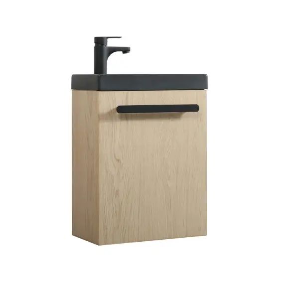 Meuble lave-mains décor chêne vasque noire avec robinet noir