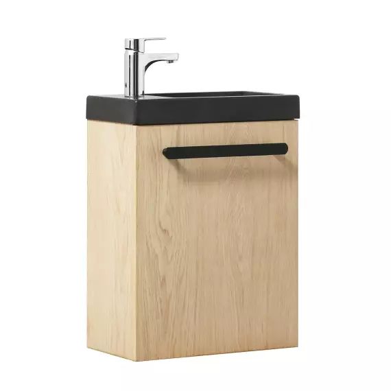 Meuble lave-mains décor chêne vasque noire avec robinet noir