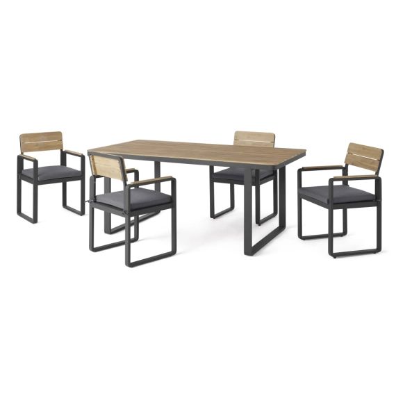Topa, ensemble table et 4 chaises de jardin en métal gris, acacia et tissu gris