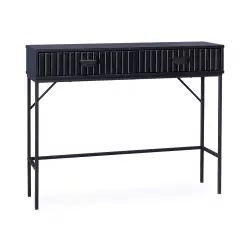 Console 2 tiroirs effet bois rainuré noir, pieds métal